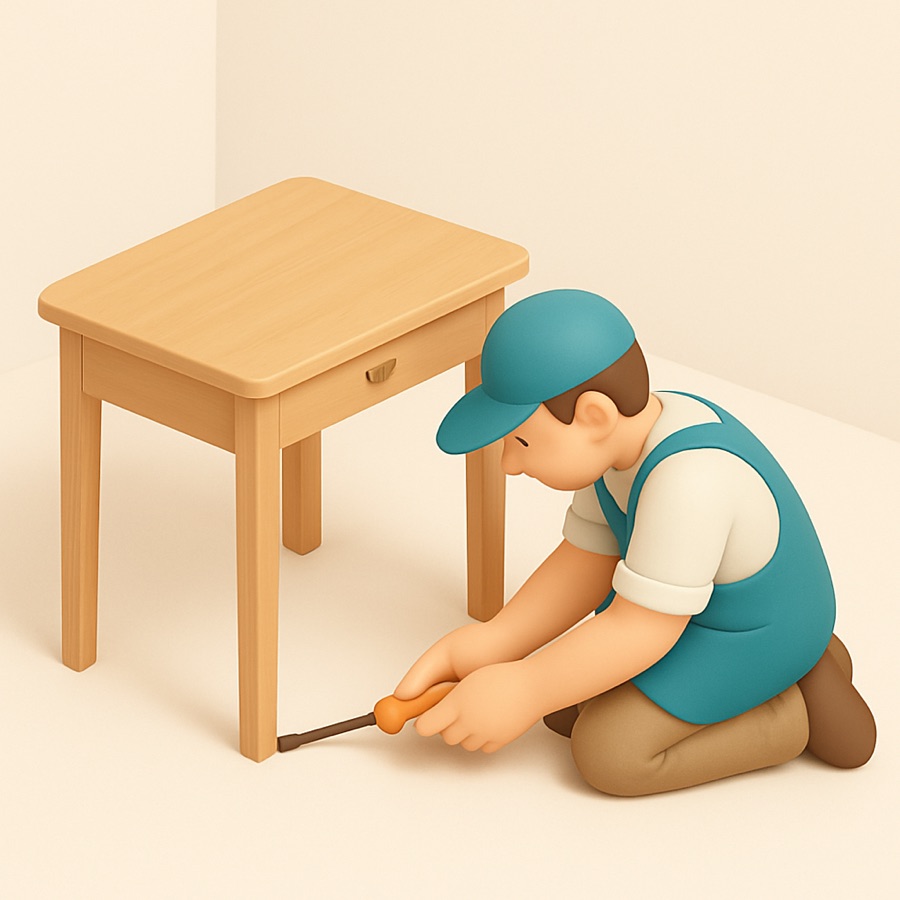 The same workman repairing a desk leg while the drawer stays locked